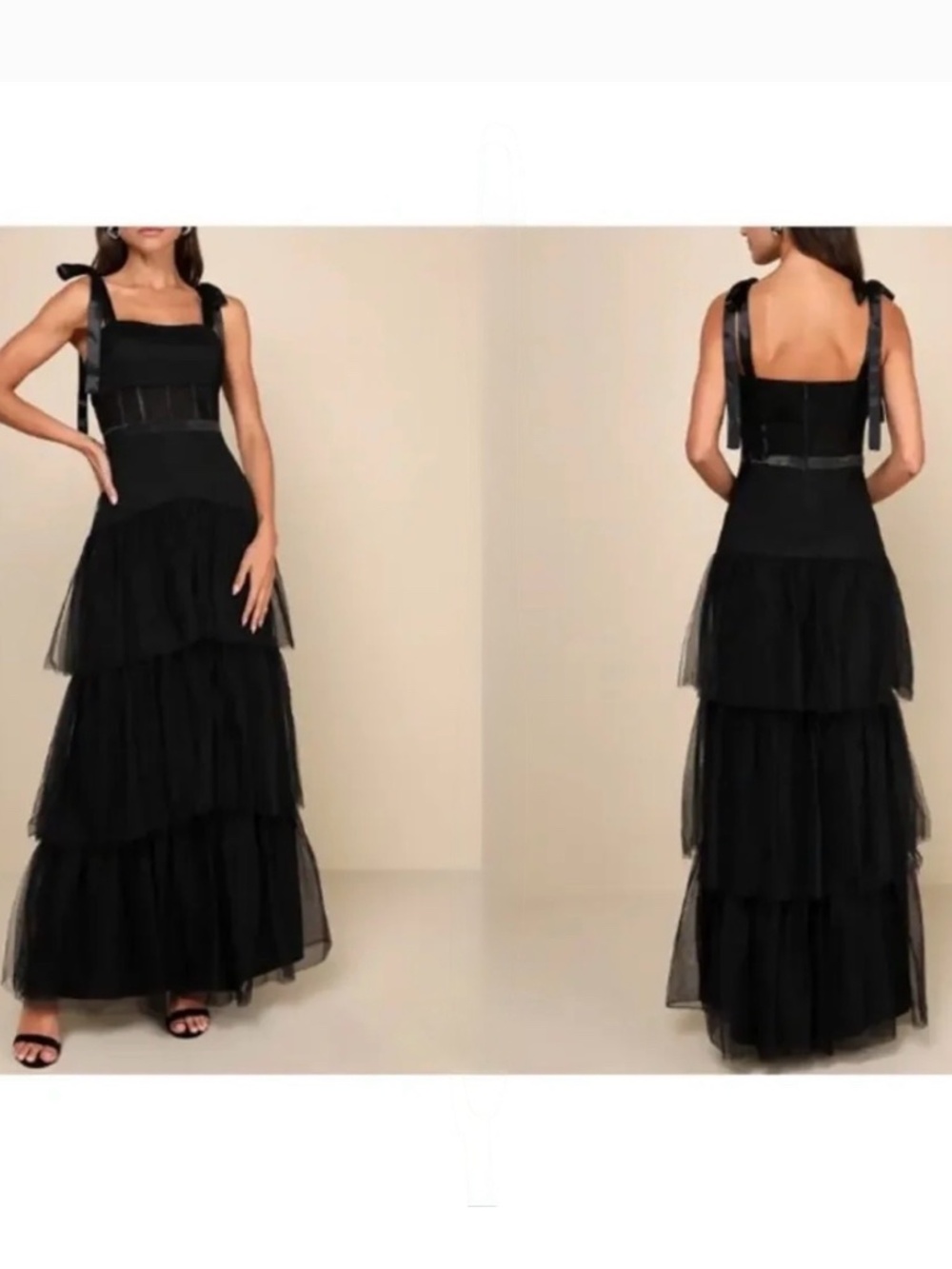 NWOT Lulus Enticing Mystique Black Tulle Tie-Strap Tiered Maxi Dress L